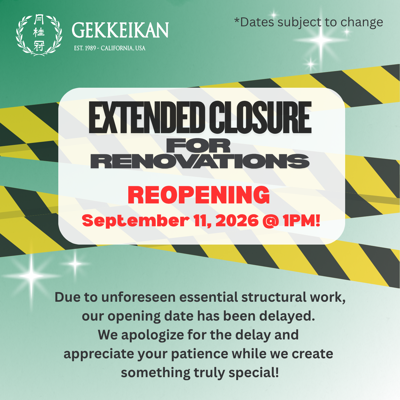 Notice stating that the Tasting Room closure has been extended until Septermber, with reopening scheduled for September 11th